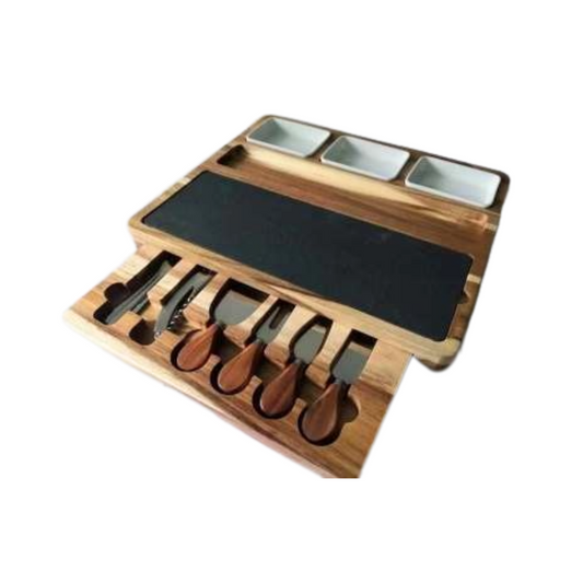 Premium Large Acacia Wood Cheeseboard Set with Cutlery and Dishes